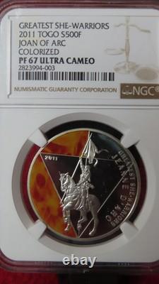 2011 TOGO Silver 500 FRANCS Great WARRIORS JOAN OF ARC COLORIZED NGC PF 67