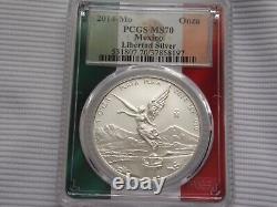 2014 MO PCGS MS70 ONE ONZA MEXICO SILVER LIBERTAD Flag Label & Holder