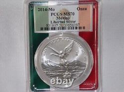 2014 MO PCGS MS70 ONE ONZA MEXICO SILVER LIBERTAD Flag Label & Holder