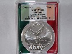 2014 MO PCGS MS70 ONE ONZA MEXICO SILVER LIBERTAD Flag Label & Holder