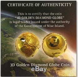 2017 2 Oz Silver Niue $2 WORLD DIAMOND FIRST 3D GLOBE SHAPE Coin WITH 24K GOLD