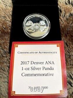 2017 China Silver Panda Medal ANA World Fair Denver 1 oz. 999 Fine Silver CoA