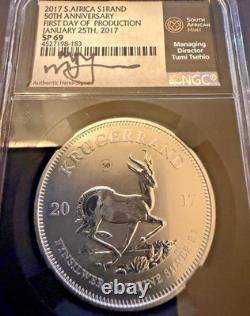 2017 S. African Silver KRUGERRAND NGC SP69 FDOI signed by Tumi Tsehlo