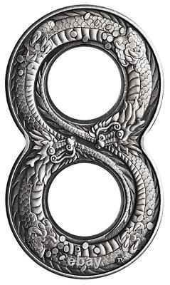 2018 Figure Eight Dragon 2 oz Pure Silver Antiqued Coin