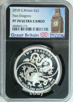 2018 Great Britain. 999 Silver 2 Pounds Two Dragons / NGC PROOF 70 ULTRA CAMEO