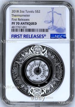 2018 P Tuvalu Thermometer HIGH RELIEF ANTIQUED 2 Oz Silver $2 COIN NGC PF70 FR