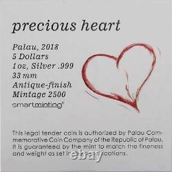 2018 Palau Precious Heart 1 oz. 999 Fine Silver $5 Coin Antique Finish