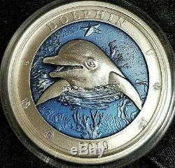 2019 Barbados Underwater World Dolphin! 3 oz Antiqued. 999 Silver Coin