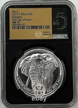 2019 South Africa S5R 1oz. 999 Silver Big 5 Elephant NGC MS70 First Day of Issue