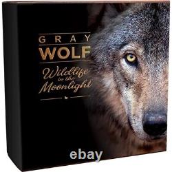 2020 Gray Wolf Wildlife in The Moonlight 2 oz Pure Silver Antique Coin