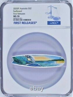 2020 Surfboard 2oz Colored Silver Australia $2 Coin NGC MS 70 FR