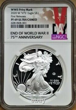 2020 W END of WORLD WAR II 75th ANNIV SILVER EAGLE V75, NGC PF69UC, 1st RELEASES
