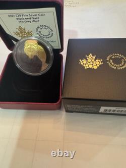 2021 1 oz 99.99% PURE SILVER WITH GOLD PLATING CANADIAN COIN. THE GRAY WOLF