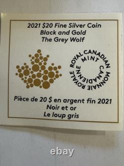 2021 1 oz 99.99% PURE SILVER WITH GOLD PLATING CANADIAN COIN. THE GRAY WOLF