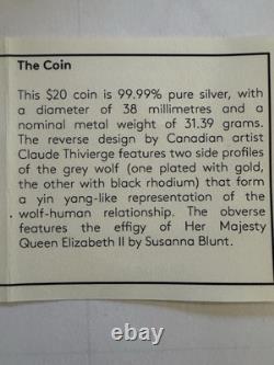 2021 1 oz 99.99% PURE SILVER WITH GOLD PLATING CANADIAN COIN. THE GRAY WOLF