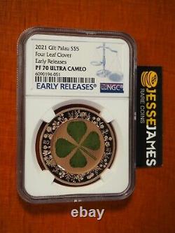 2021 $5 PALAU PROOF SILVER FOUR LEAF CLOVER NGC PF70 1 OZ. 925 AG With GOLD GILT