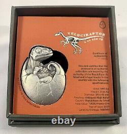 2021 Chad 10,000 Francs Hatched Velociraptor 2 oz. 999 Silver Coin 500 Made