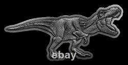 2021 Jurassic World T-Rex shaped 2 oz silver antiqued coin