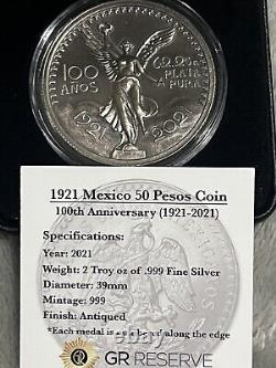 2021 Mexico 50 Pesos 100th Anniversary 2 oz Antique Finish Silver Round #778/999