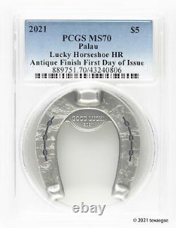 2021 Palau 1oz Silver Antique $5 Lucky Horseshoe High Relief FDI PCGS MS70