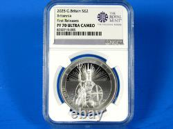 2025 G. Britain, 1 Ounce. 999 Silver Britannia NGC Pf 70 Ucam First Releases