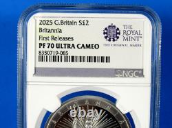 2025 G. Britain, 1 Ounce. 999 Silver Britannia NGC Pf 70 Ucam First Releases