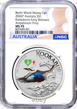 2026 Berlin Show WMF Kookaburra Silver NGC MS70 1oz $1 Coin Double AMPELMANN E