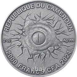 2 oz Silver Coin 2024 Cameroon Lost World Tyrannosaurus Rex T-Rex Antiqued