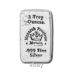 3 oz Silver Hand Poured Bar Monarch Metals MPM Three Ounce. 999 Fine Silver