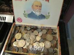 4+ Pound Lot of World Coins in A Vintage Cigar Box with Silver Coins
