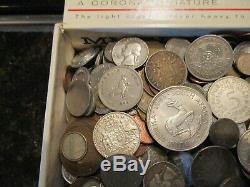 5.5 Pound Lot of World Coins in A Vintage Cigar Box with 5 Oz. Of Silver Coins