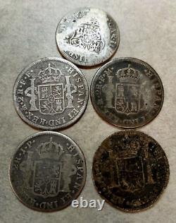5 Coin Lot of 1 & 2 Reales Assorted Dates, Countries, & Conditions Silver