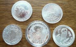 5 Lot Set 1 oz Fine Silver Coins Brilliant Uncirculated From Around the World