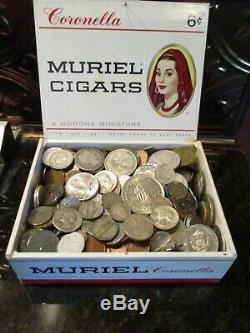 5+ Pound Lot of World Coins in A Vintage Cigar Box with Silver Coins