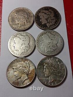 6 Each Lot Morgan & Peace Silver Dollars (2)1881 (1)1884 (1) 1922(1)1924 (1)1926