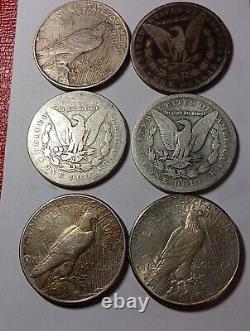 6 Each Lot Morgan & Peace Silver Dollars (2)1881 (1)1884 (1) 1922(1)1924 (1)1926