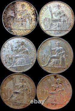 6 Indo-Chine Francaise Piastre de Commerce 1903, 07, 09, 26 90% Silver
