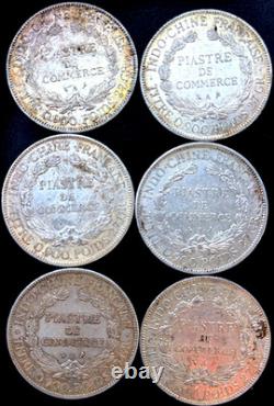 6 Indo-Chine Francaise Piastre de Commerce 1903, 07, 09, 26 90% Silver