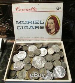 6+ Pound Lot of World Coins in A Vintage Cigar Box with 6 Oz. Of Silver Coins