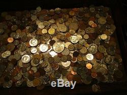 6+ Pound Lot of World Coins in A Vintage Cigar Box with 6 Oz. Of Silver Coins