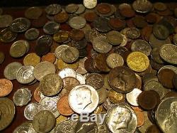 6+ Pound Lot of World Coins in A Vintage Cigar Box with 6 Oz. Of Silver Coins