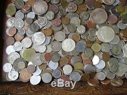 6+ Pound Lot of World Coins in A Vintage Cigar Box with 9 Oz. Of Silver Coins