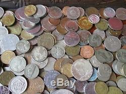 6+ Pound Lot of World Coins in A Vintage Cigar Box with 9 Oz. Of Silver Coins