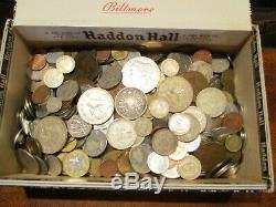 6+ Pound Lot of World Coins in A Vintage Cigar Box with Silver and Ancient Coin