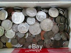 7 Pound Lot of World Coins in A Vintage Cigar Box Plus 9.5 Oz. Of Silver Coins