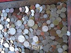 7 Pound Lot of World Coins in A Vintage Cigar Box Plus 9.5 Oz. Of Silver Coins