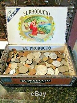 7+ Pound Lot of World Coins in A Vintage Cigar Box with Silver