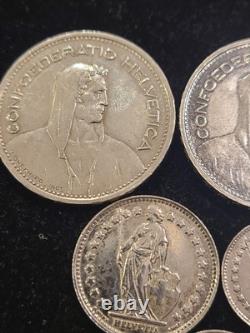 7 Swiss Silver Coins (3) 5 FRANCS, 1 FRANC, (4) 1/2 FRANCS