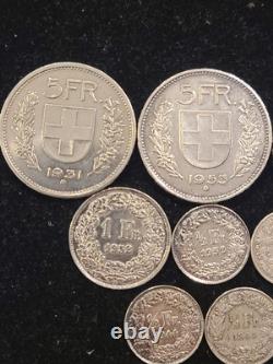 7 Swiss Silver Coins (3) 5 FRANCS, 1 FRANC, (4) 1/2 FRANCS