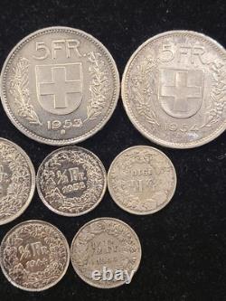 7 Swiss Silver Coins (3) 5 FRANCS, 1 FRANC, (4) 1/2 FRANCS